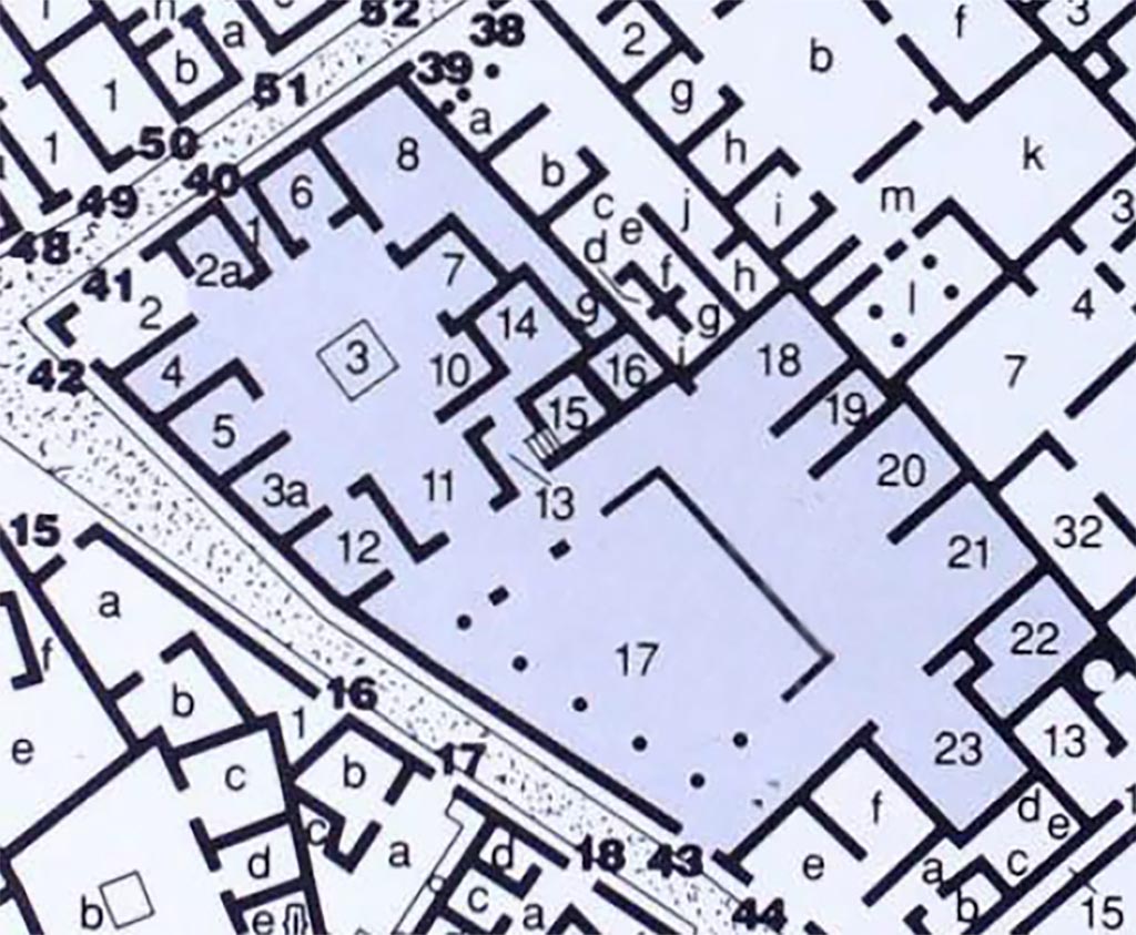 VII.1.40 Pompeii. Domus M. Caesi Blandi or Casa di Marte e Venere or House of Mars and Venus. Rear entrance at VII.1.43. Plan